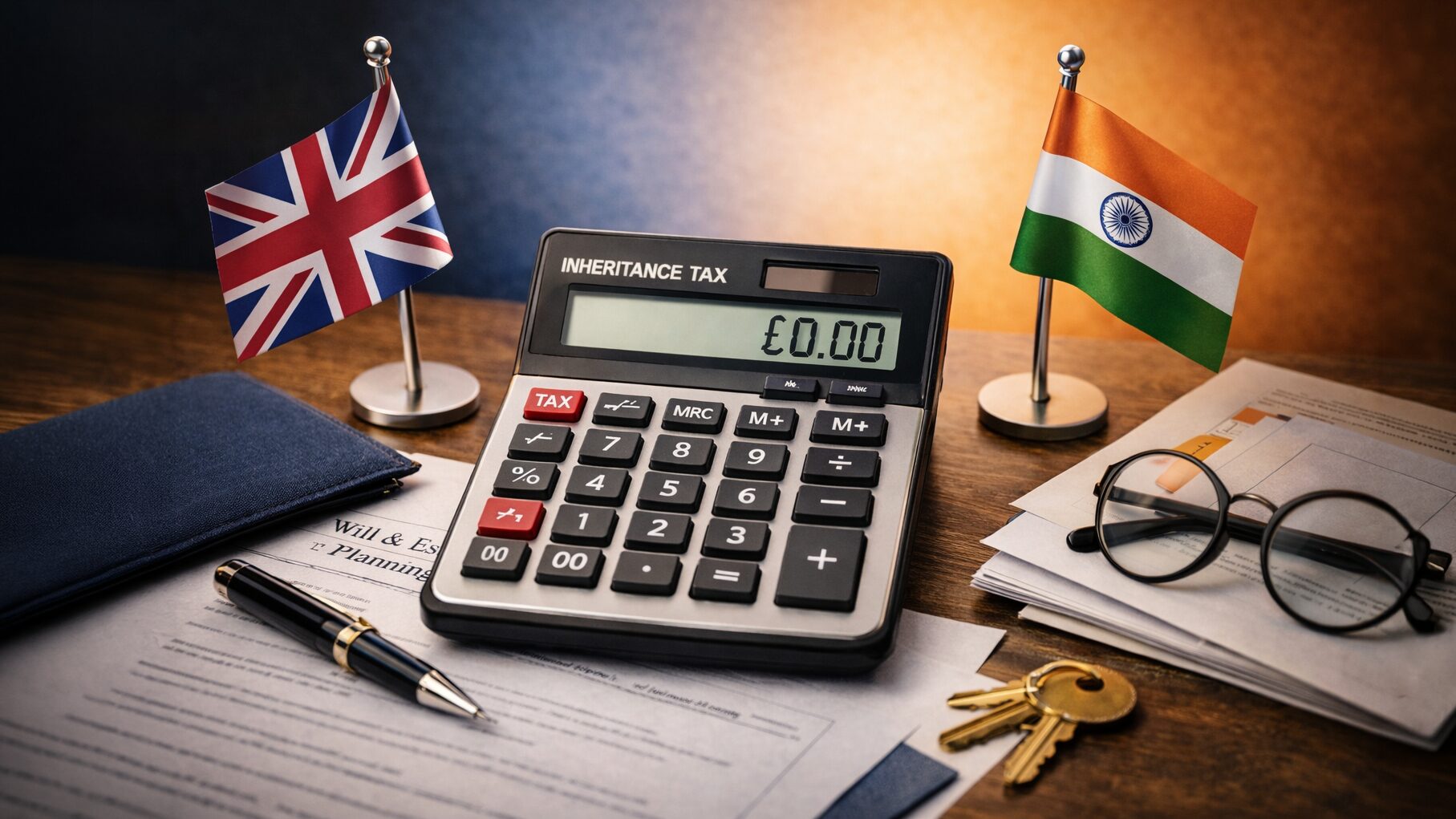 An Inheritance Tax calculator sits on a desk beside a UK flag and an Indian flag, to present the idea of the UK-India treaty.