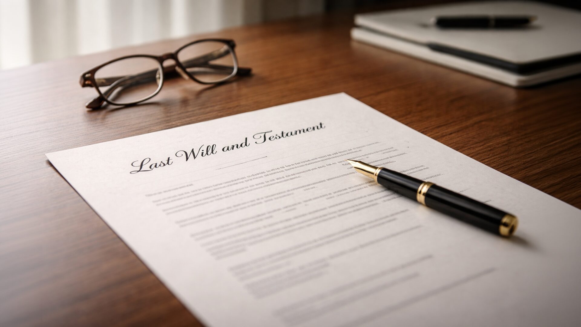 A Will sits on a lawyer's desk with a pen and pair of glasses to represent that it is being scrutinised as part of a Will challenge.