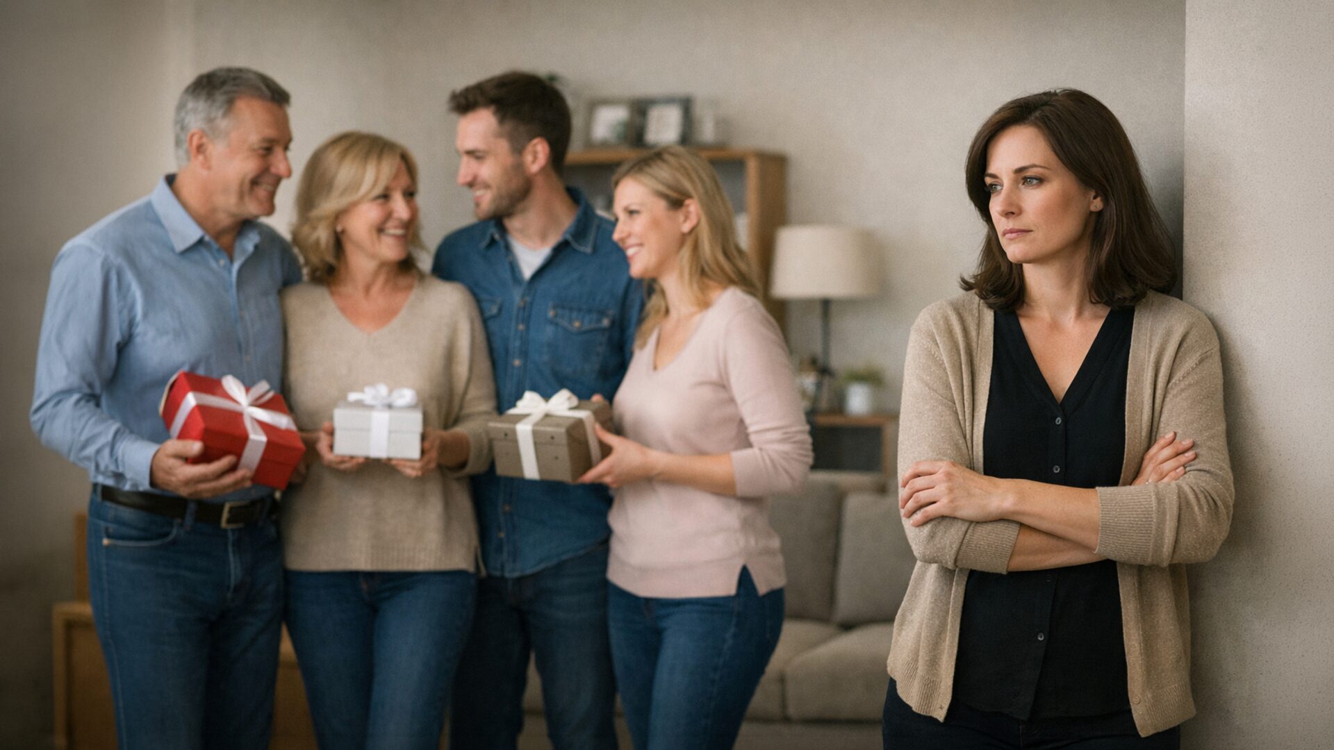 A family with 4 members holding gifts representing their inheritance, with one member excluded with no gift, suggesting they have been disinherited.