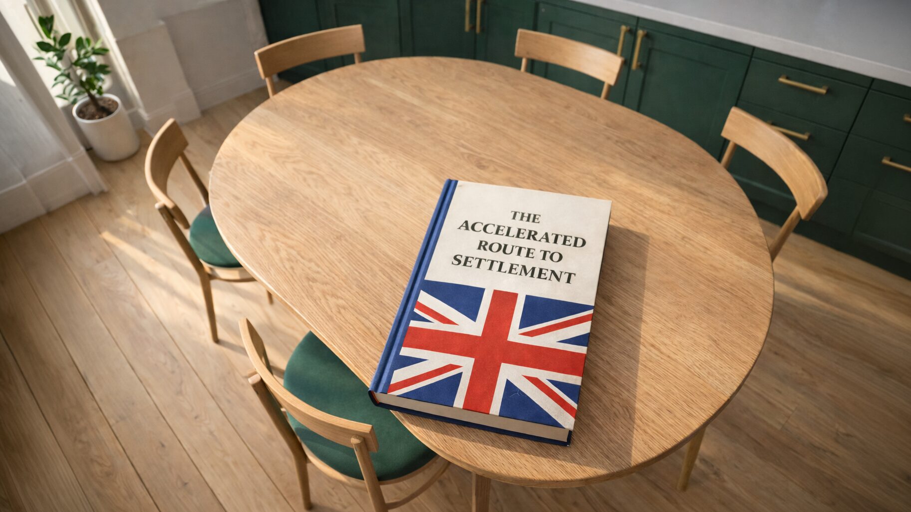 A book titled 'the accelerated route to settlement' sits on an English kitchen table.