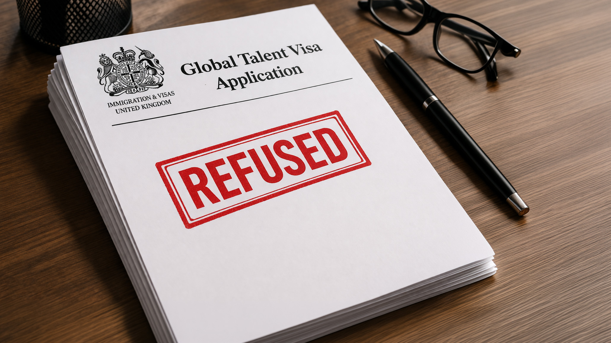 An application for Global Talent Visa sits on a desk. It has the word "refused" stamped across it.