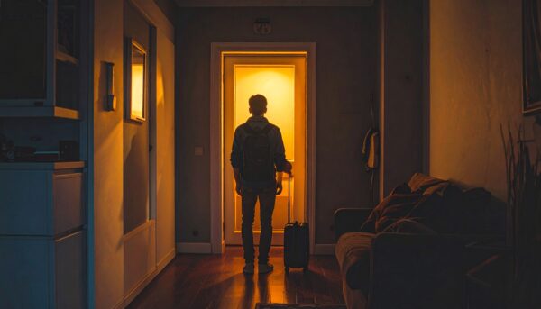 A man stands with luggage by a door. The image implies that he is being deported. The room is gloomy to reflect that leaving is not his choice.