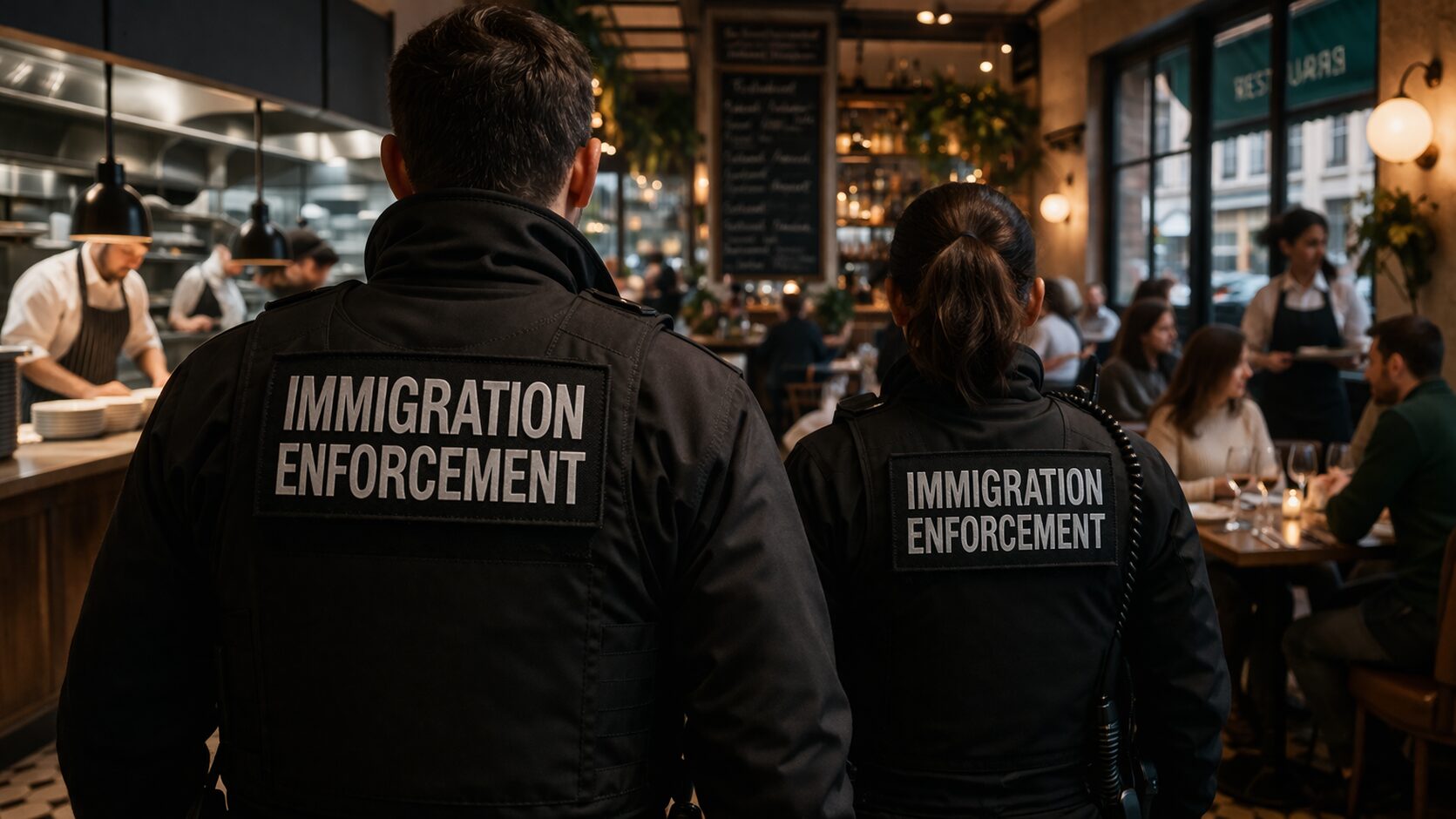 Two Immigration Enforcement Officers entering a restaurant to complete an illegal working raid.
