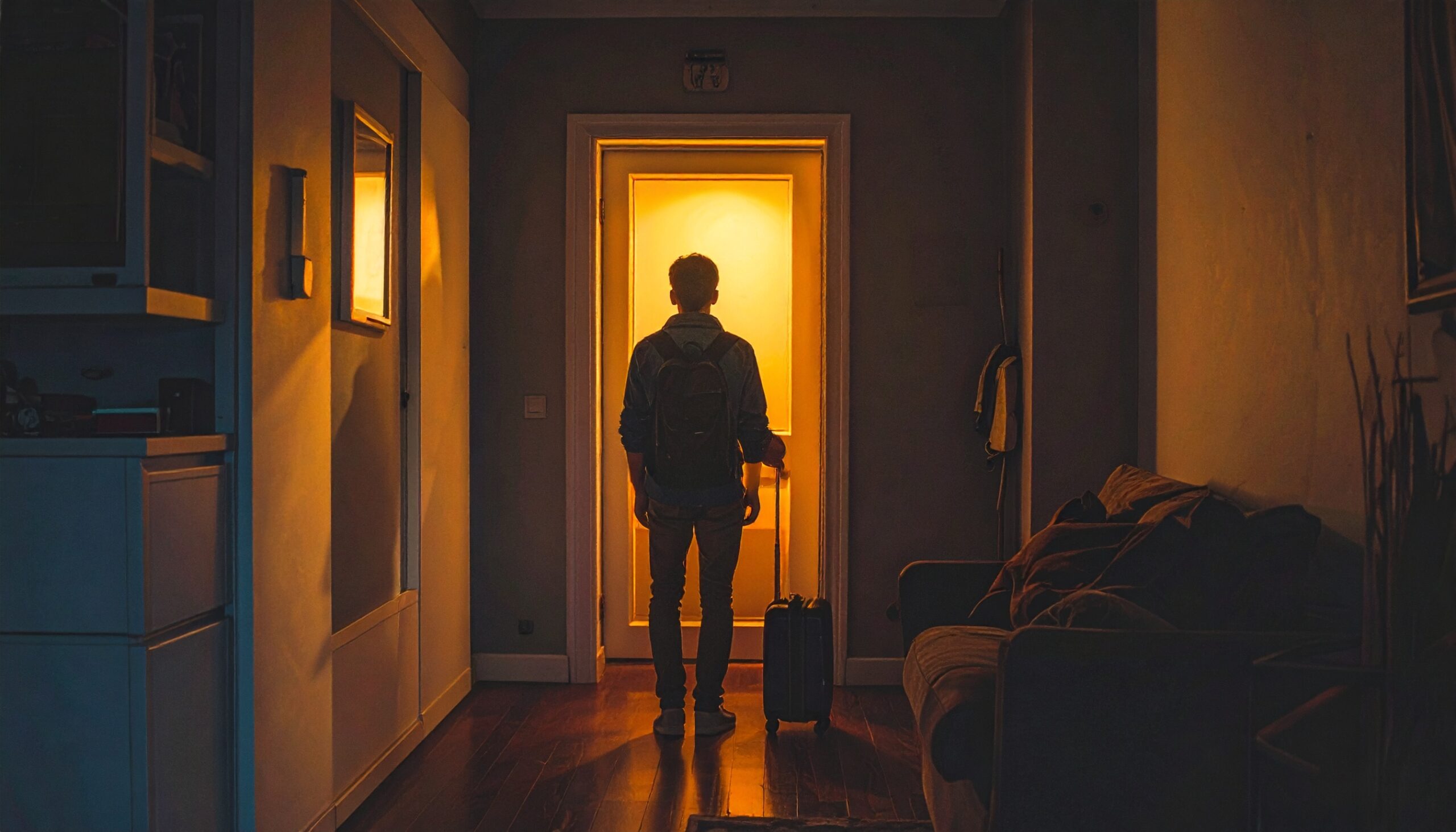 A man stands with luggage by a door. The image implies that he is being deported. The room is gloomy to reflect that leaving is not his choice.
