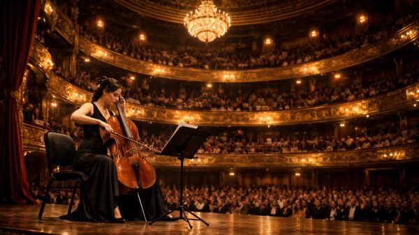 A woman playing the cello on a London theatre stage, an example of the type of candidate for Arts Council Endorsement for the Global Talent Visa route.