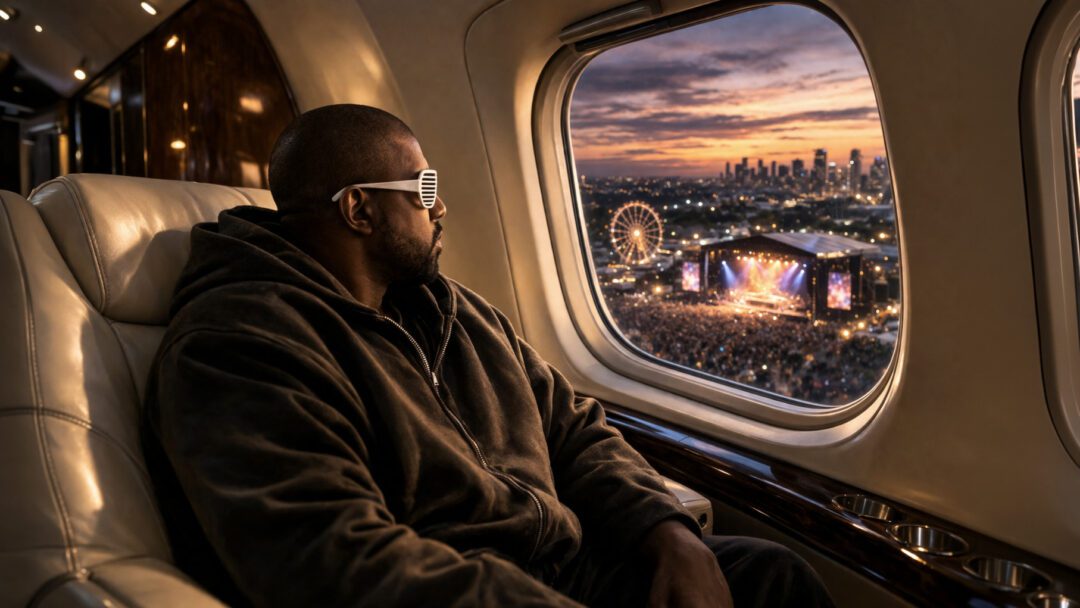 Ye (Kanye West) looking out the window of a plane at the now cancelled Wireless festival 2026, after he was denied entry by the UK Home Office.