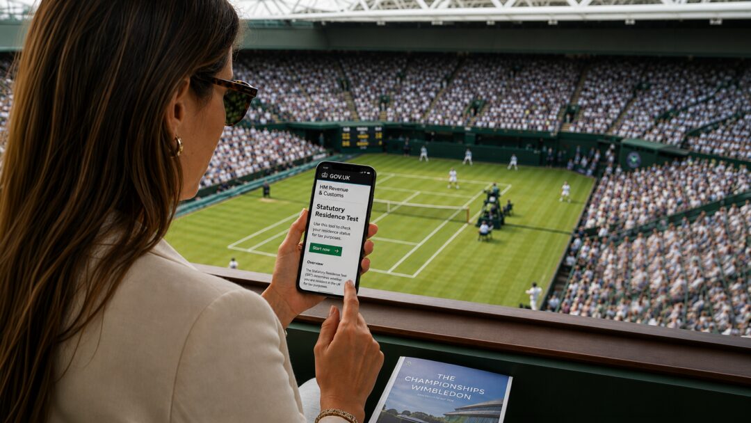 An influencer sits at Wimbledon, looking at the UK statutory residence test requirements on her phone.