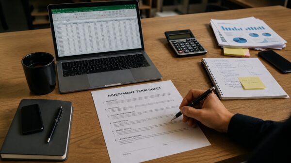 An investment term sheet on a table as a founder looks it over.