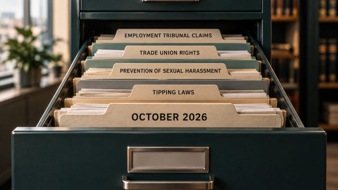 A filing cabinet labelled October 2026 to refer to the October 2026 Employment Rights Act changes, with folders for each upcoming area of change.