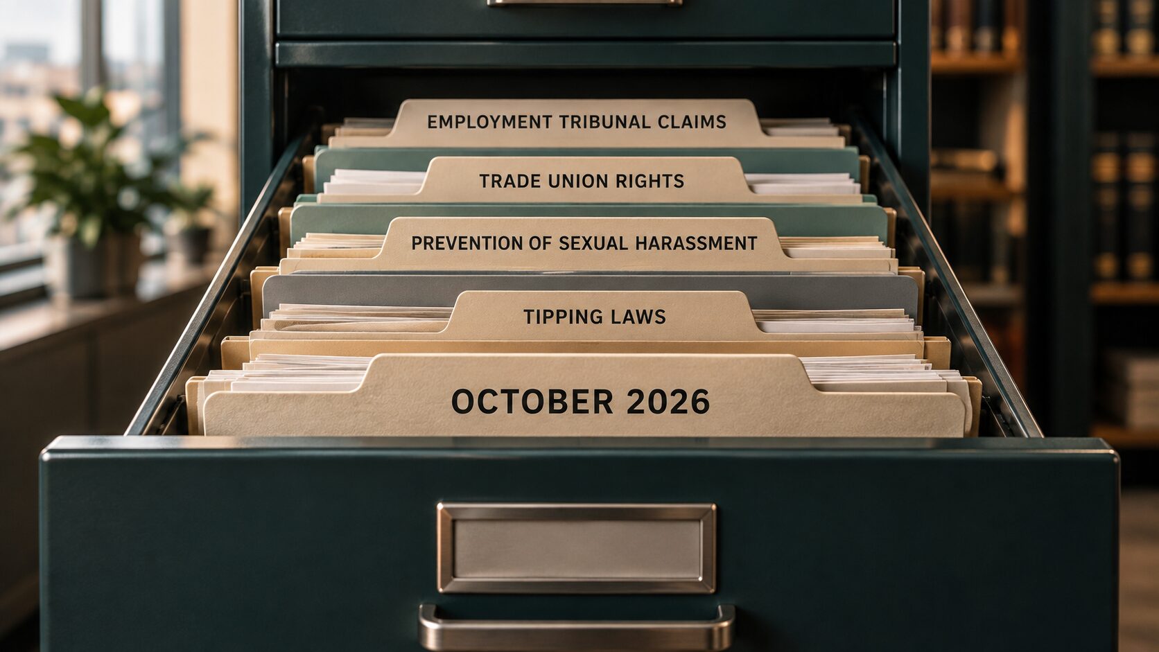 A filing cabinet labelled October 2026 to refer to the October 2026 Employment Rights Act changes, with folders for each upcoming area of change.