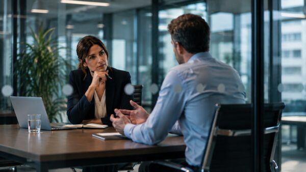 Two colleagues discuss changes to employment contract terms.