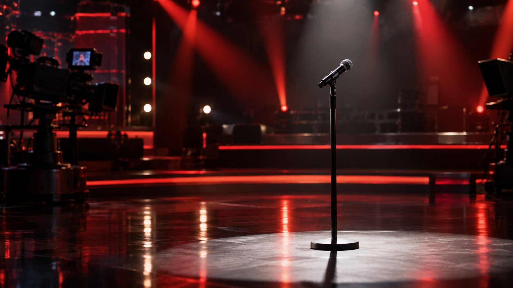 An empty microphone stands on a studio stage to represent Tom Jones's exit from The Voice and Ageism at work.