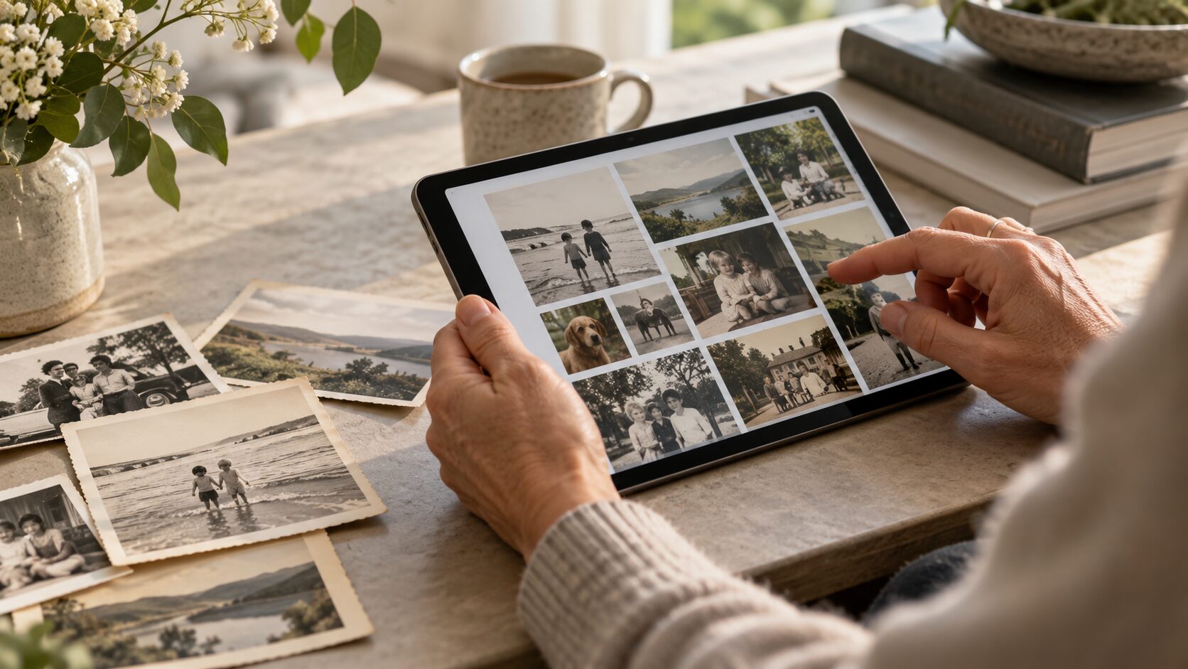 A woman scrolls through family photographs, her personal digital remains, on a tablet.
