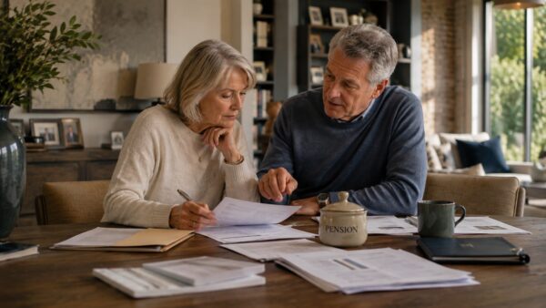 A couple looking over their financial documents with a pension pot visible to represent the inclusion of pensions in inheritance tax