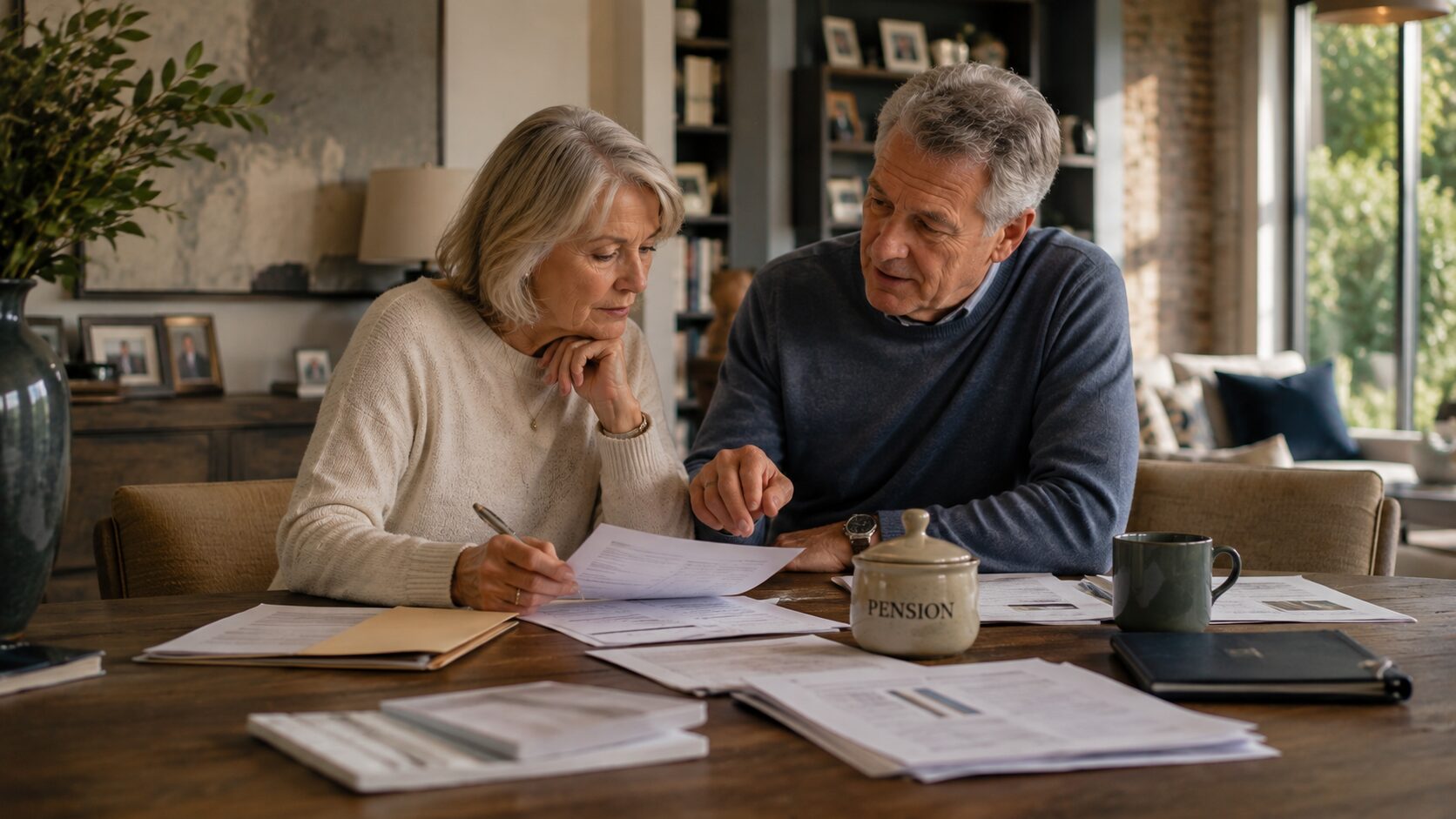 A couple looking over their financial documents with a pension pot visible to represent the inclusion of pensions in inheritance tax