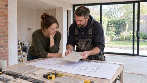 A client and contractor review samples for a home renovation project.