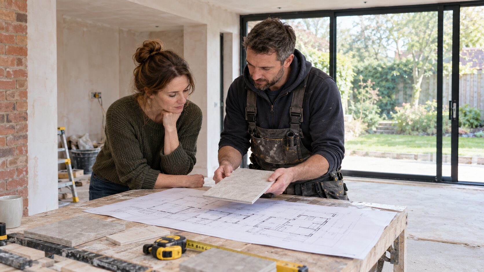 A client and contractor review samples for a home renovation project.